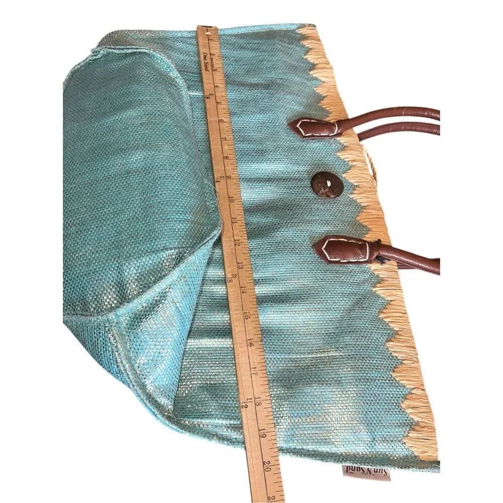 Sun n sand metallic shimmer blue woven straw tote beach bag vacation summer - Picture 6 of 8
